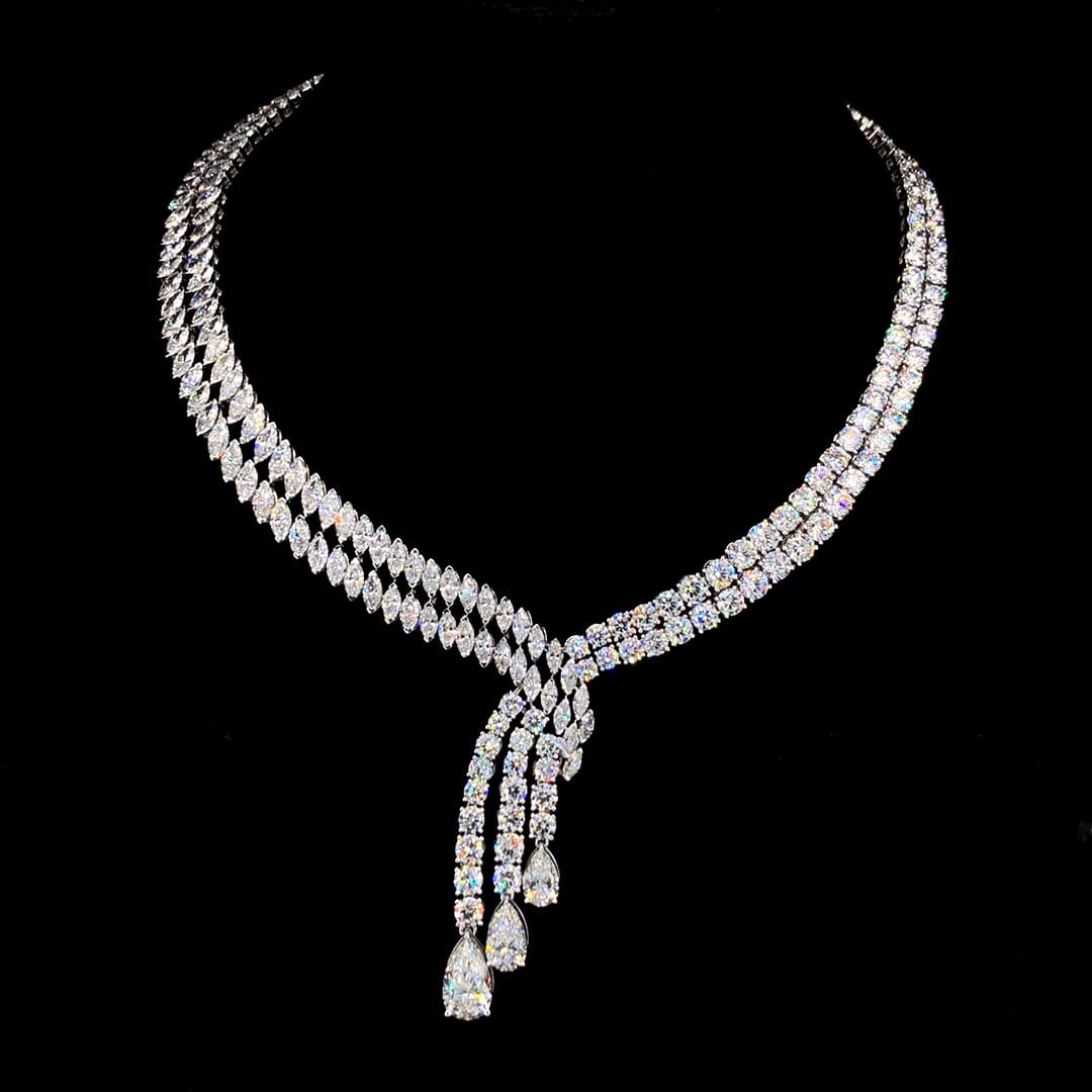 Double-Row V-Pendant Diamond Necklace with Pear Drops in 18K White Gold (3.50 CTW)
