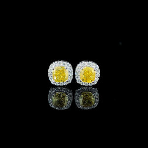 Fancy Yellow Cushion-Cut Diamond Halo Stud Earrings in 18K White Gold (3.12 CTW) Fancy Yellow Cushion-Cut Diamond Halo Stud Earrings in 18K White Gold (3.12 CTW)