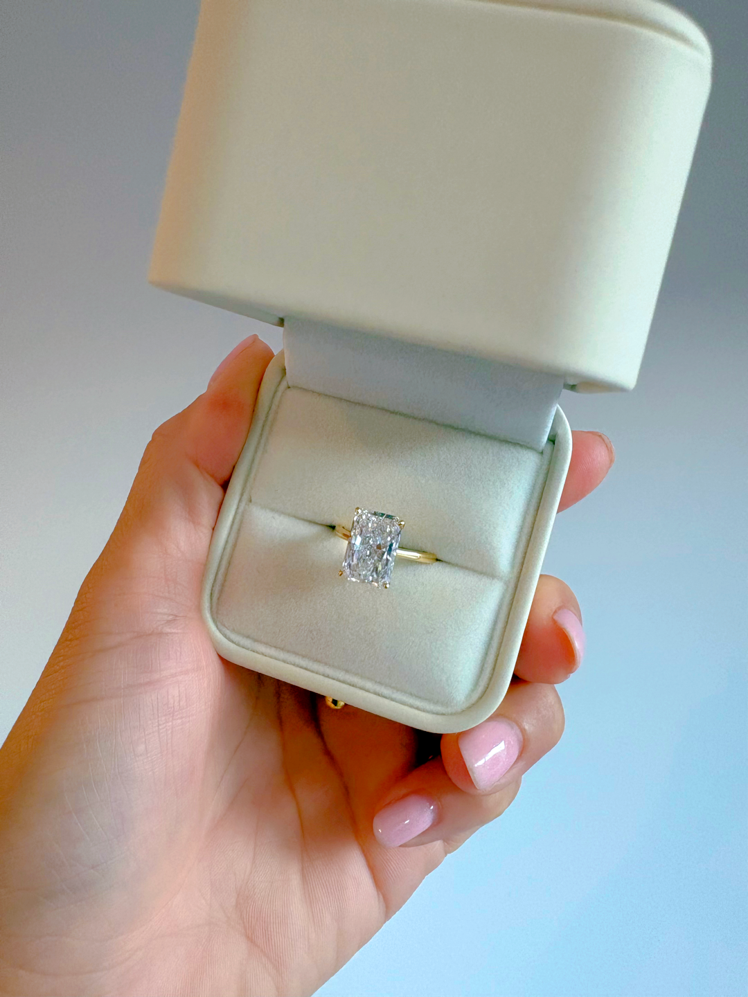 5.05 Carat Laboratory Grown Cut Cornered Rectangular Modified Brilliant Diamond in 18k Gold Ring